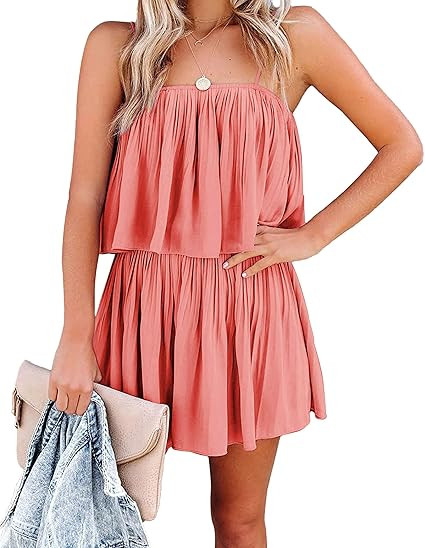 PRETTYGARDEN Women's Summer Short Rompers Spaghetti Strap Elastic Waist Square Neck Ruffle Casual... | Amazon (US)