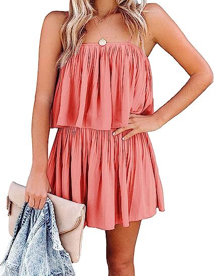 PRETTYGARDEN Women's Summer Short Rompers Spaghetti Strap Elastic Waist Square Neck Ruffle Casual... | Amazon (US)