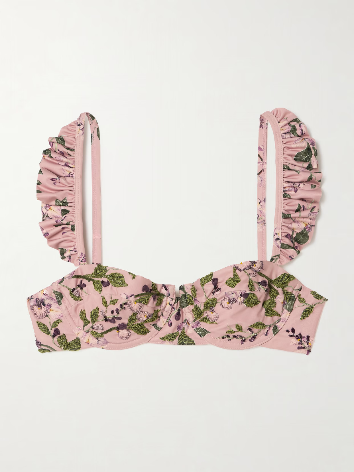 Agua by Agua Bendita - Kiwi Wisteria Ruffled Embroidered Floral-print Underwired Recycled Bikini Top - Pink | NET-A-PORTER (US)