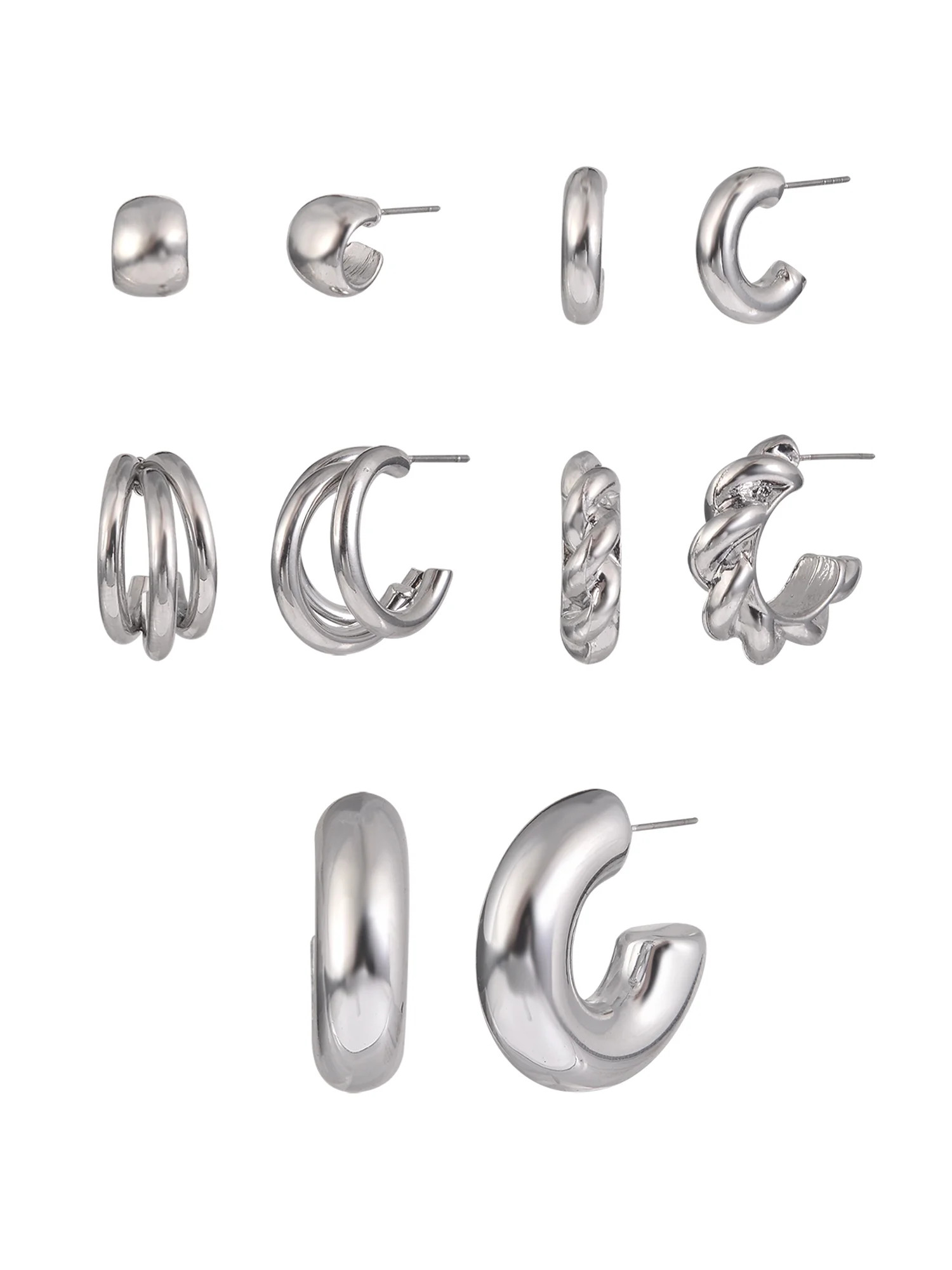 Time and Tru Adult Female Silver-Tone 5 Pair Twisted Triple Hoop Stacker Earring Set | Walmart (US)