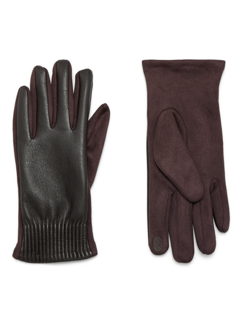 Time and Tru Women's Pleated Cuff Faux Leather Gloves, Chocolate, Size S/M | Walmart (US)