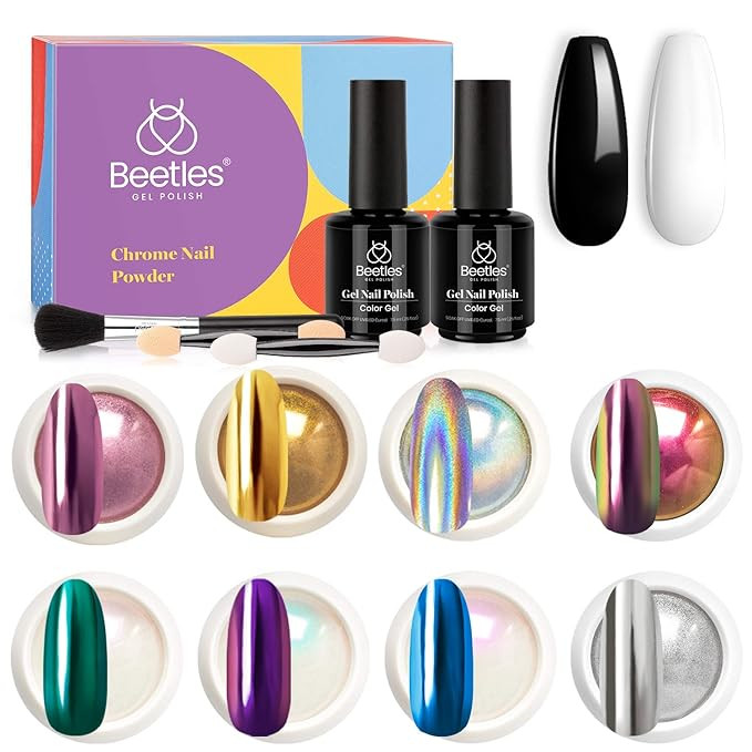 Amazon.com: Beetles Chrome Nail Powder Kit Black White Colors Gel Polish Mirror Effect Holographi... | Amazon (US)