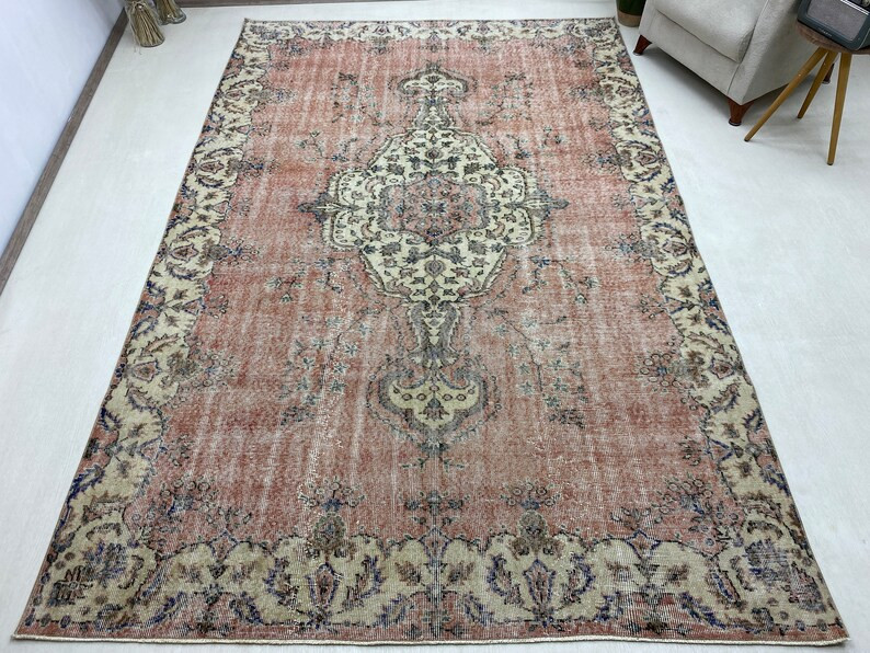 6x10 Vintage Pink Rug, Oushak Boho Rug, Turkish Area Rug, Handmade Pink Living Room Rug, Faded Ru... | Etsy (US)