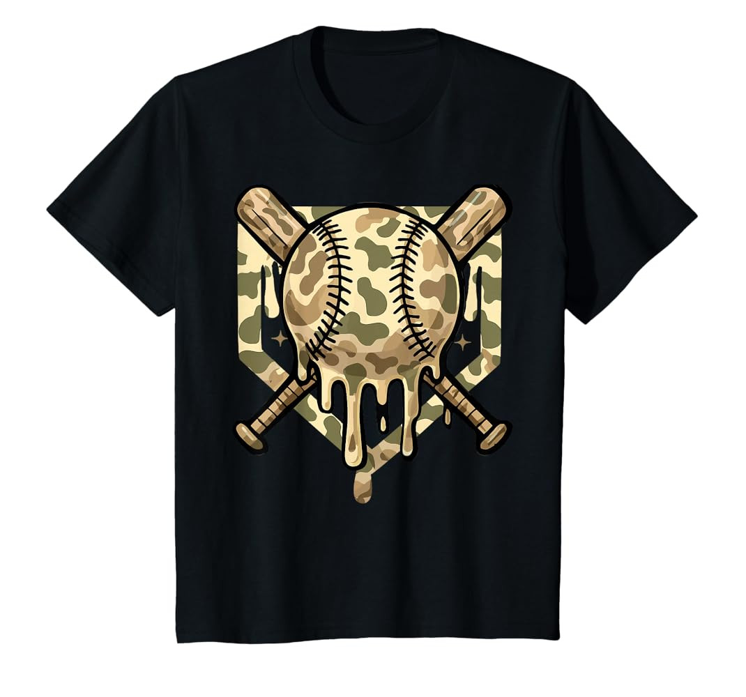 Baseball Drip for Boys Ice Cream Dripping Boys Baseball Camo T-Shirt | Amazon (US)