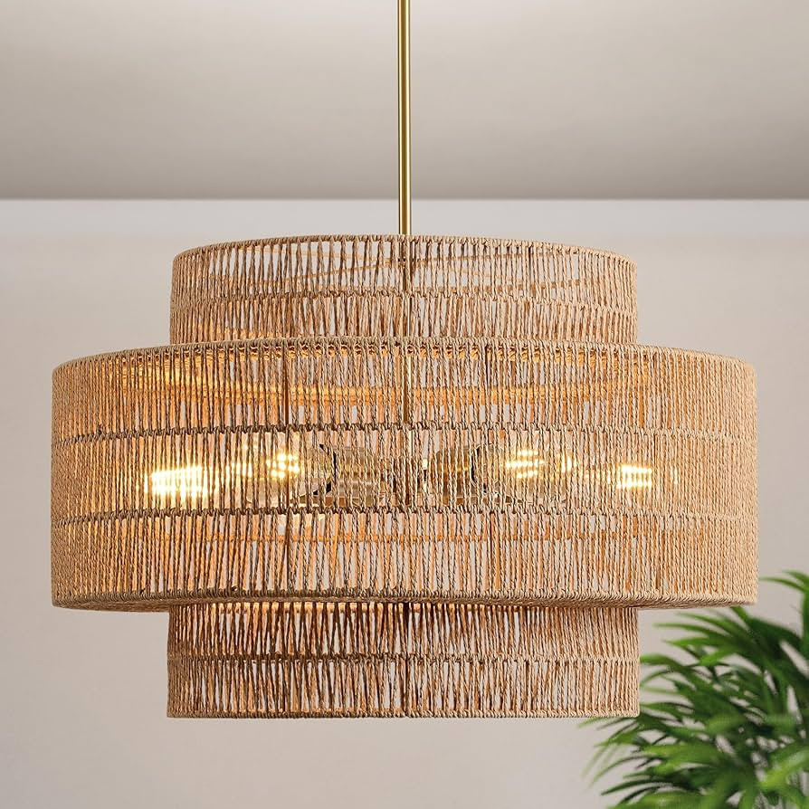 InterMaka 24” Boho Large Rattan Chandelier Light Fixture,6-Light Large Hand Woven Pendant Light... | Amazon (US)