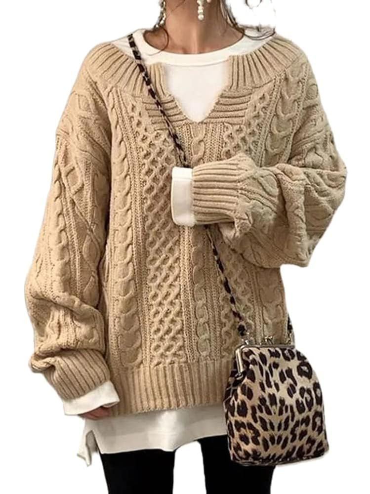chouyatou Women's Winter Chunky V Neck Long Sleeve Loose Cable Knit Sweater Pullover | Amazon (US)