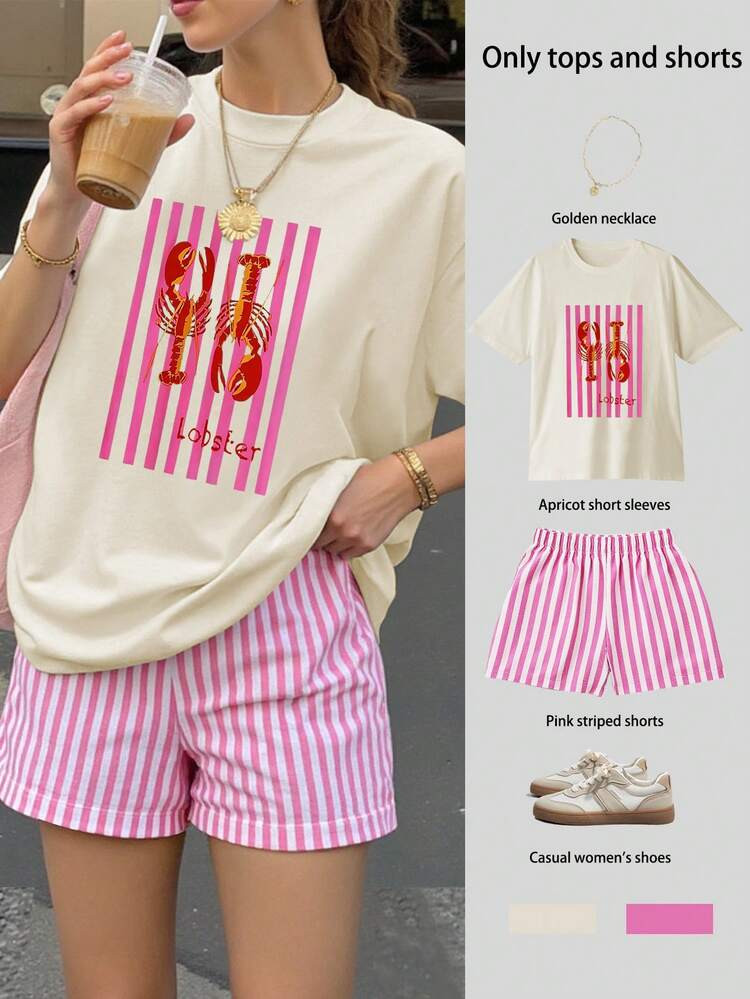 Lobster Print Women Loose Short Sleeve T-Shirt And Striped Shorts Set, Casual Women's Set, Women's Set, Leopard Print, Polka Dot, Plaid, Elegant, Sportswear, Party, Gym, Summer, June Festival, Women's Apricot Outfit, Apricot Top, Women's Beach Outfit, Women's Casual Set | SHEIN