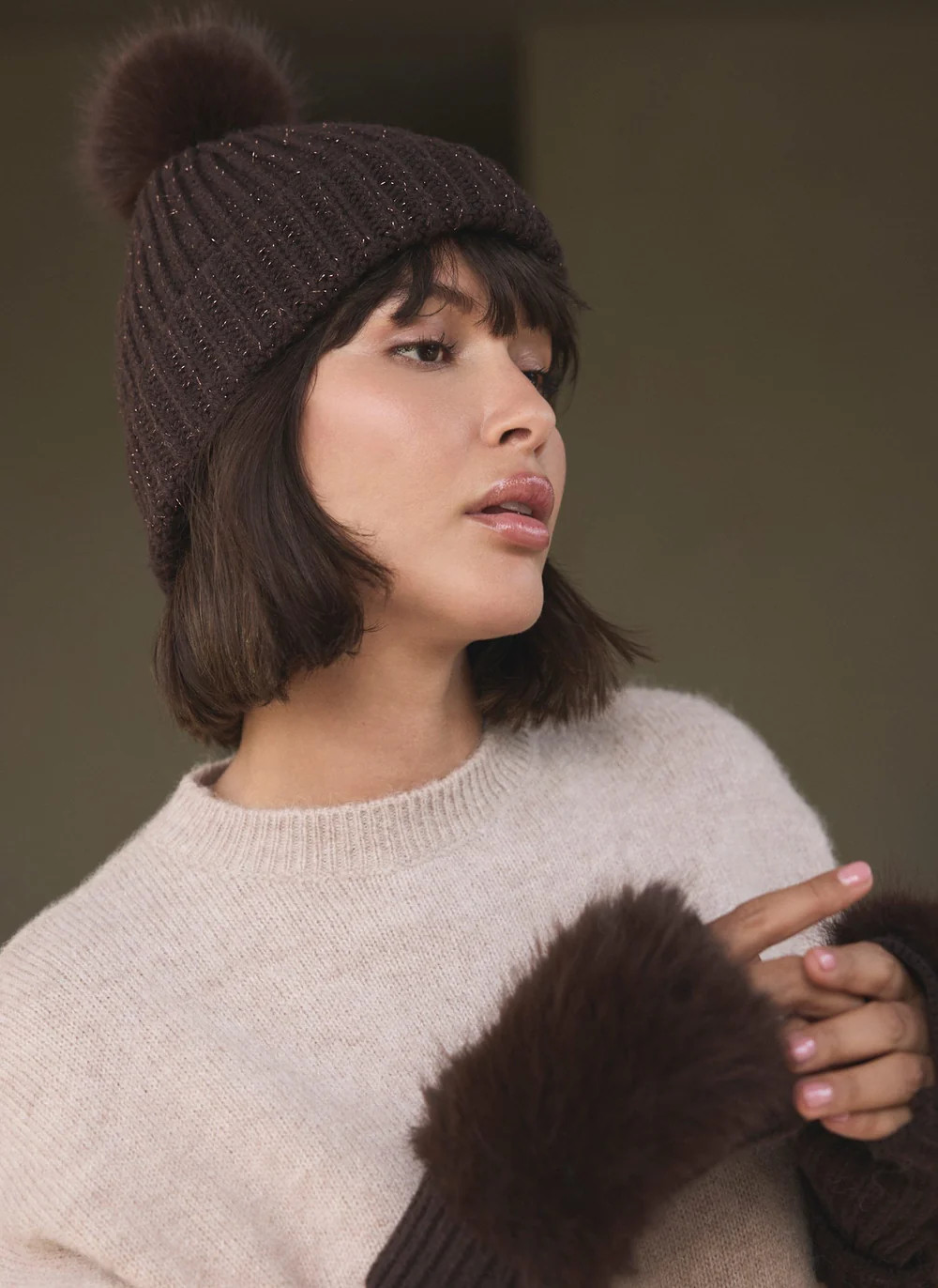 Brown Knit Pom Pom Hat | Mint Velvet