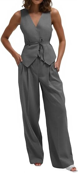 Cicy Bell Womens 2 Piece Outfits V Neck Tie Waist Blazer Vest and Wide Leg Business Casual Suit P... | Amazon (US)