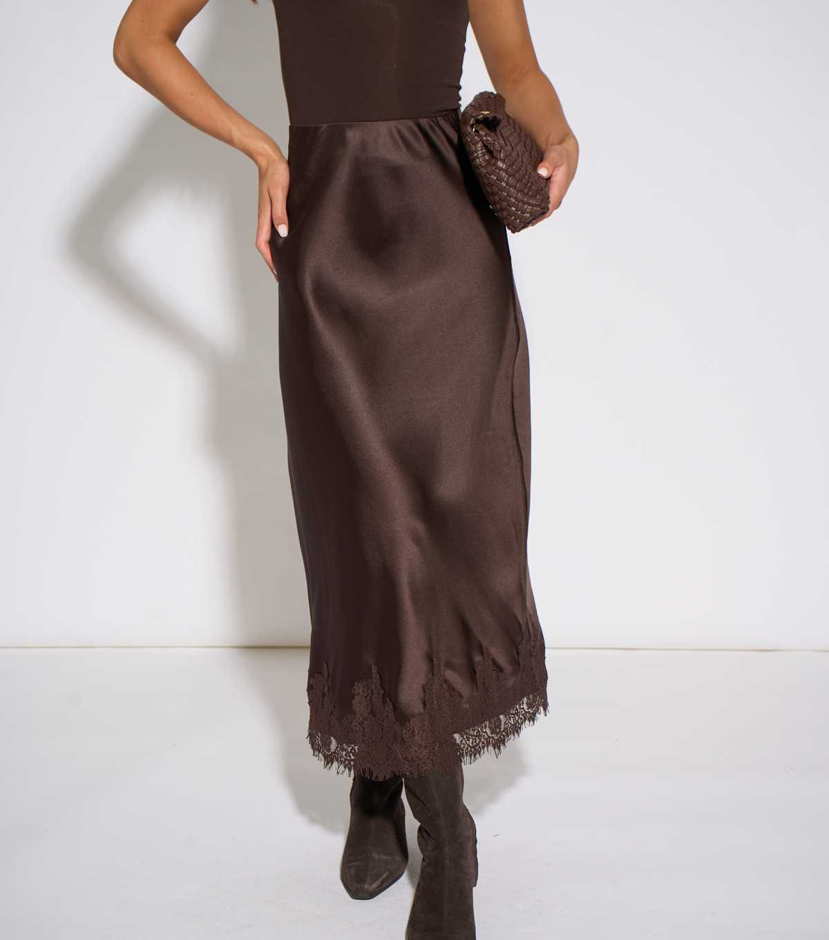 Gini London Dark Brown Satin Lace Trim Bias Midi Skirt | New Look | New Look (UK)