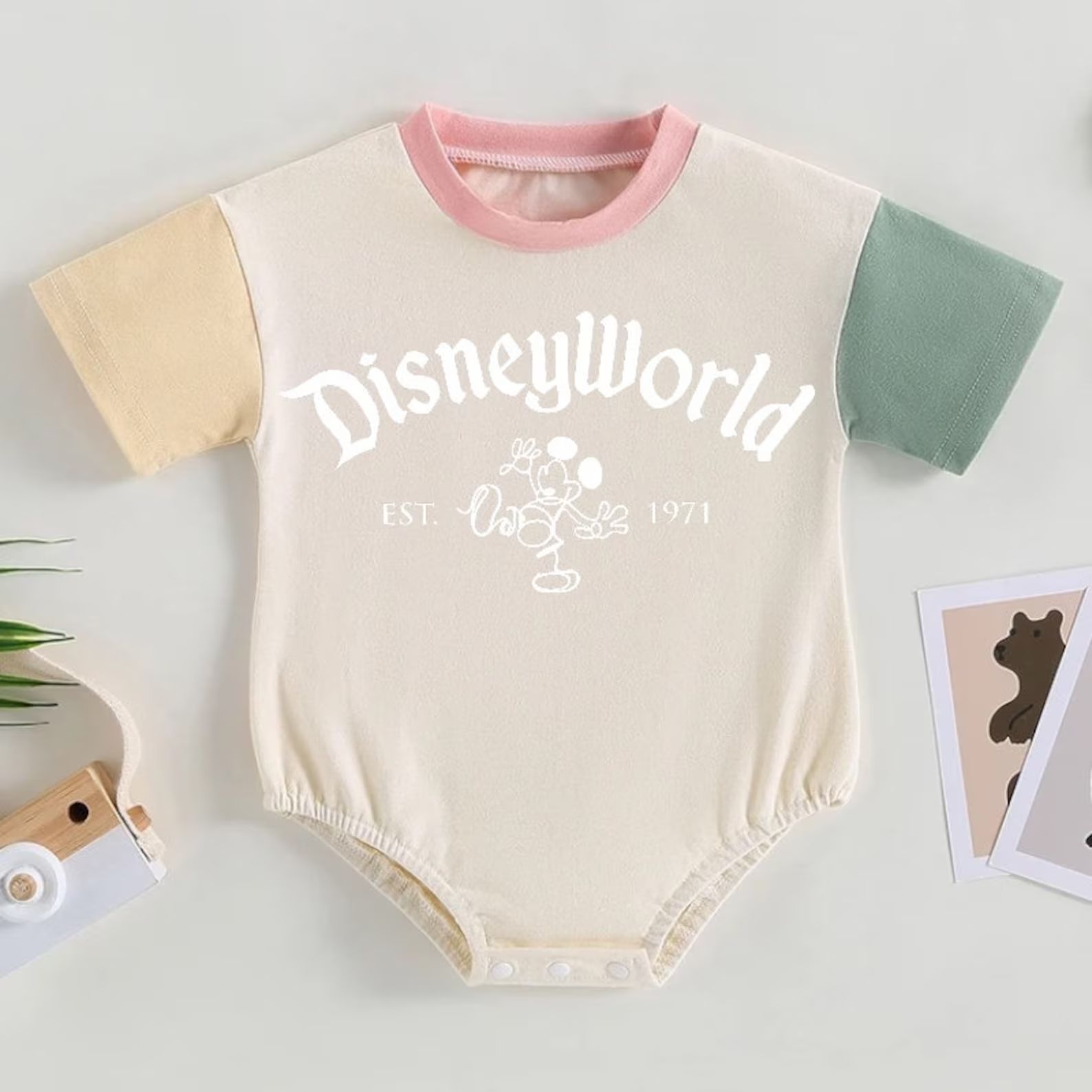 Newborn Baby and Kids Cartoon Disneyworld Romper SHORT Sleeve Color Block Bodysuit, Crewneck , Co... | Etsy (US)