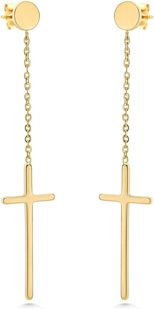 555Jewelry Womens Stainless Steel Hanging Cross Long Dangling Earrings | Amazon (US)