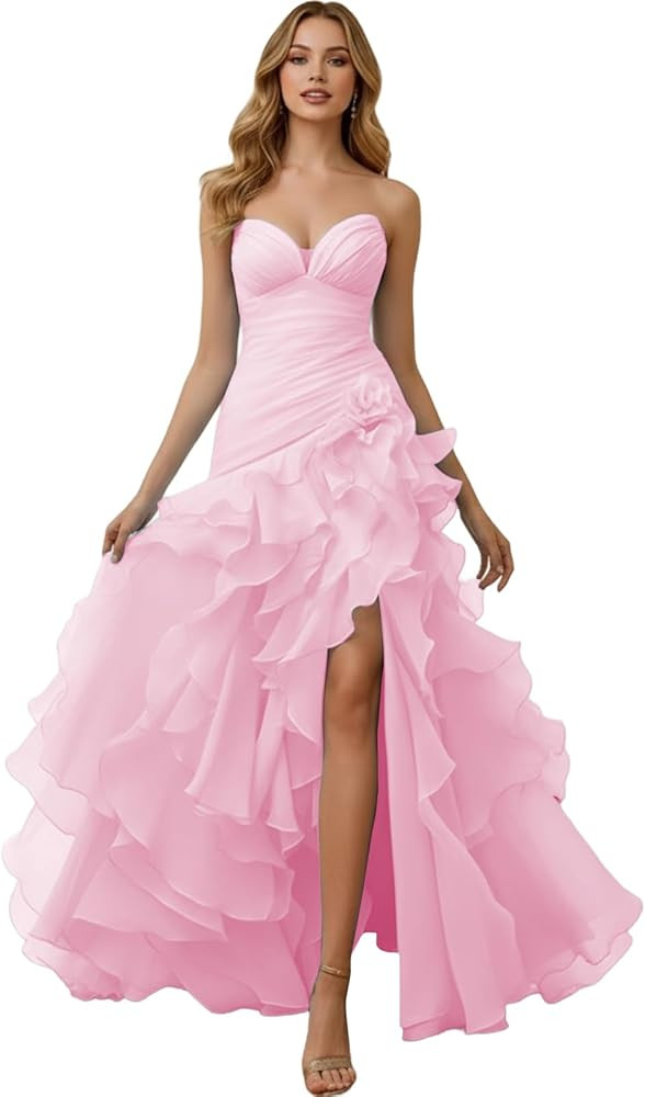 Strapless Tiered Tulle Prom Dress 2026 A-Line Long Ball Gown with Slit | Amazon (US)