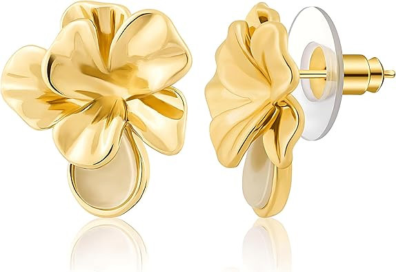 VOOTO Flower Stud Earrings for Women, Medium 16x17 mm (0.63x0.67 in), 14K Gold Plated, 3D Petal T... | Amazon (US)