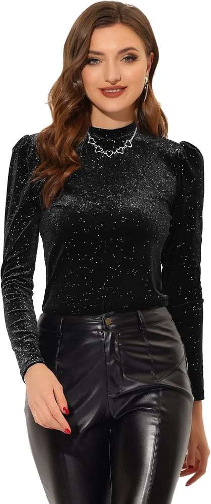 Allegra K Metallic Velvet Top for Women's Puff Long Sleeve Mock Neck Vintage Christmas Glitter T-... | Amazon (US)