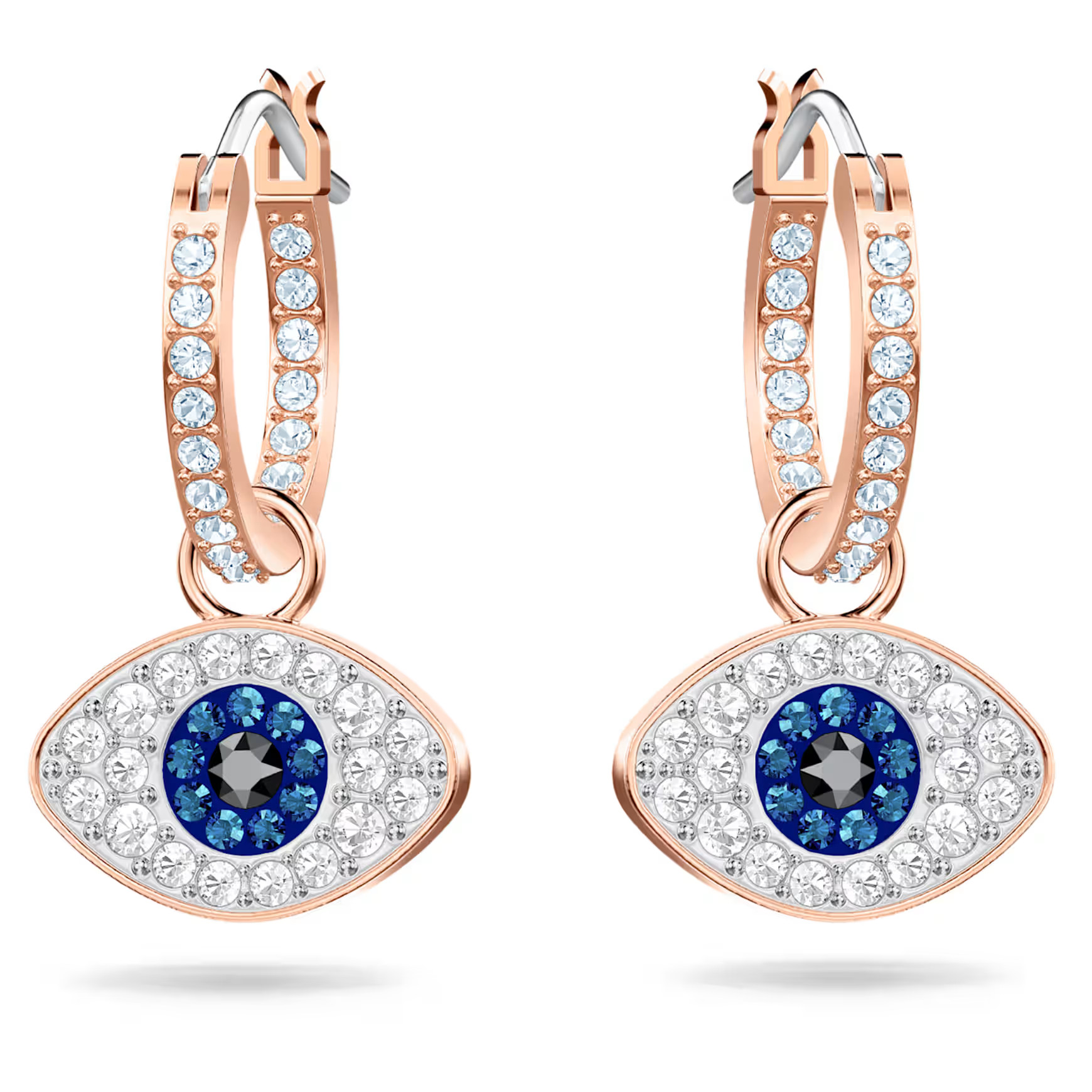Symbolica hoop earrings, Evil eye, Blue, Rose gold-tone plated by SWAROVSKI | SWAROVSKI