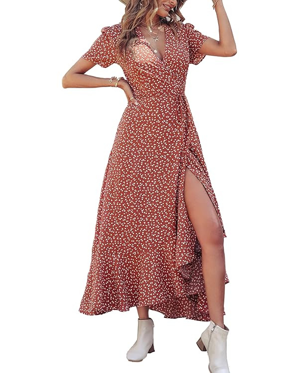 PRETTYGARDEN Women's Summer Wrap Maxi Dress Casual Boho Floral V Neck Short Sleeve Ruffle Hem Spl... | Amazon (US)