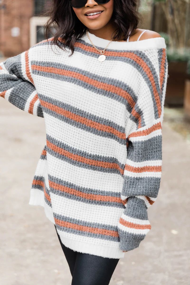 Get Caught Up Striped Charcoal Sweater | The Pink Lily Boutique