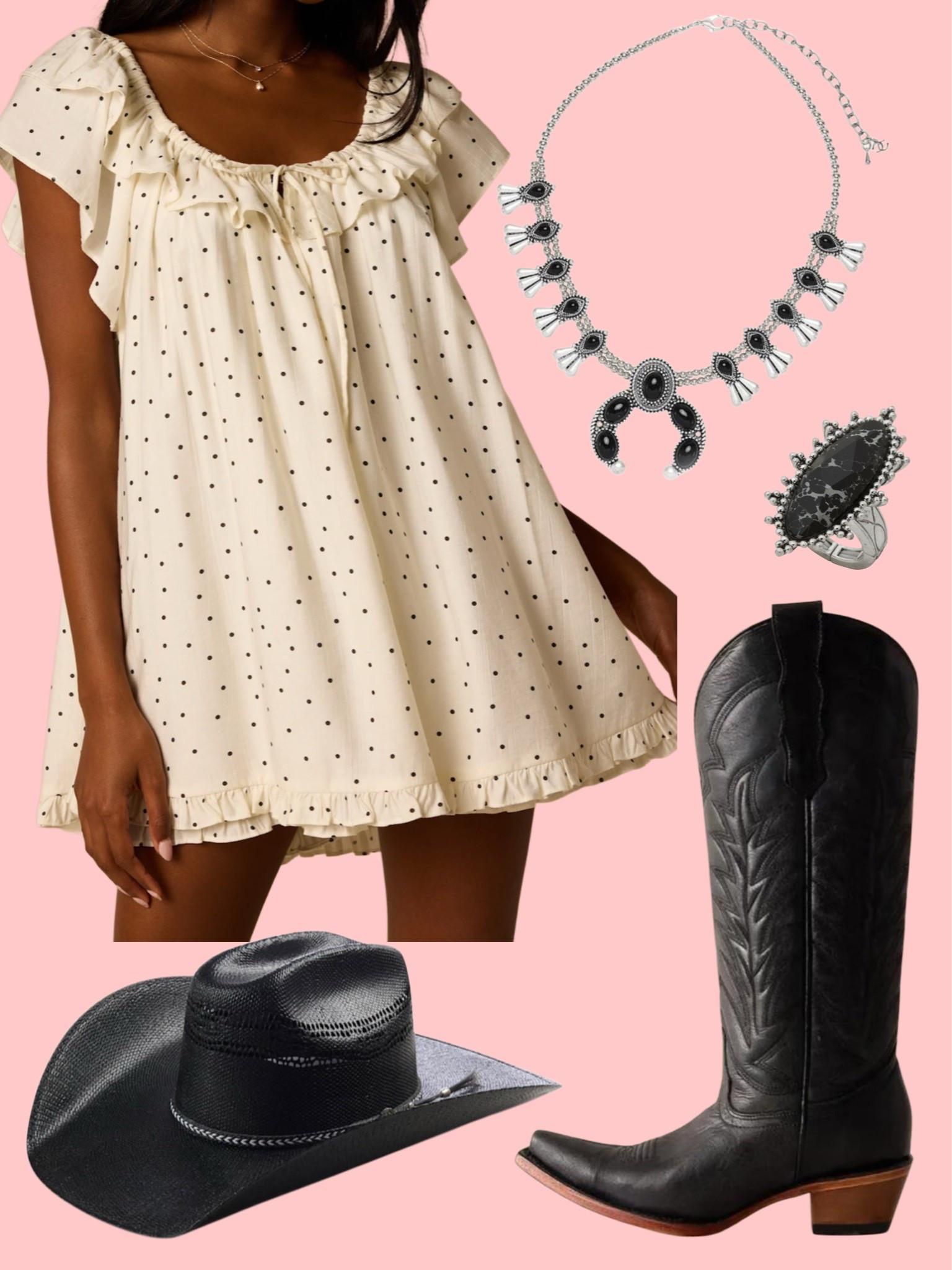 Black polka dot romper paired with black western accessories

#LTKootd #LTKgrwm #LTKSeasonal