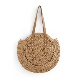 Round Woven Straw Shoulder Bag in Tan | Chicwish