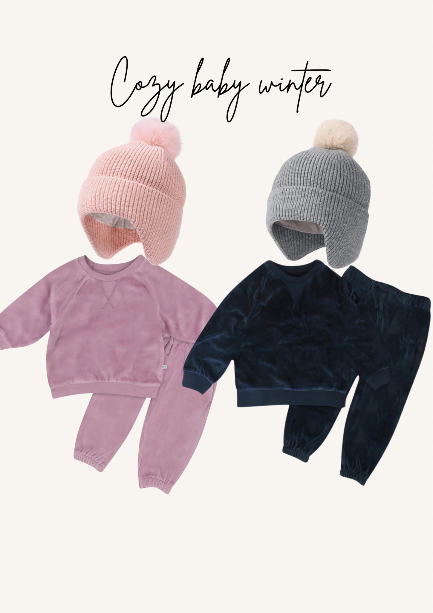 Baby winter fashion. Amazon finds. Baby velour tracksuit. Winter outfit. Baby winter hat. Pom Pom beanie. Navy tracksuit. Lavender tracksuit 

#LTKKids #LTKBaby