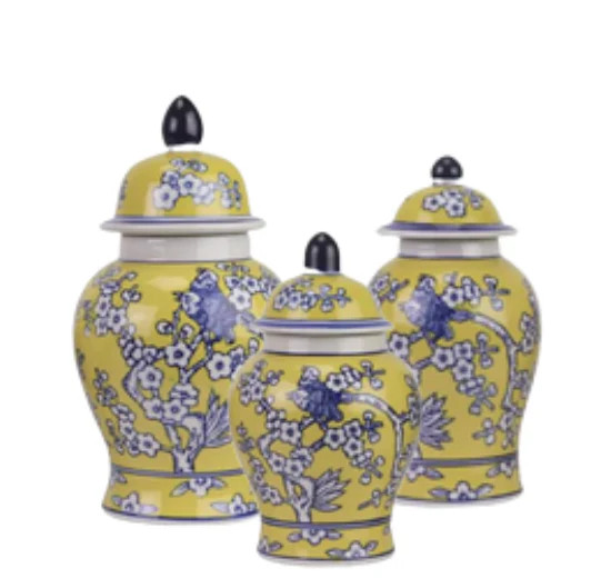 Set of 3 Yellow & Blue Floral Food Safe Jars | The Enchanted Home