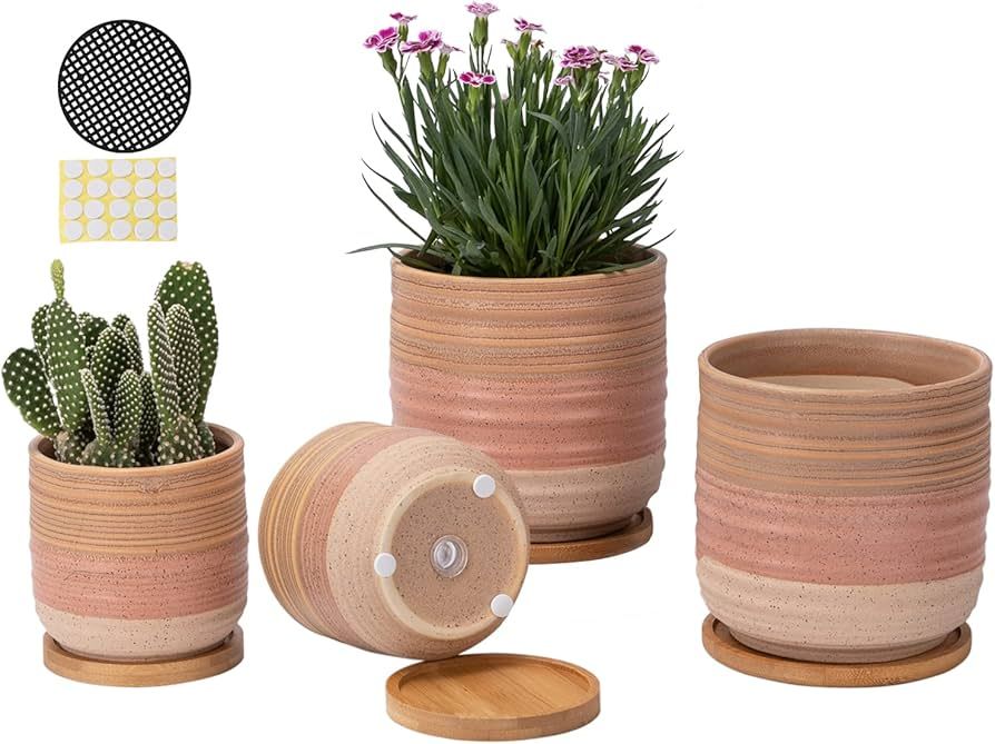 TAMAYKIM 5.25 Inch + 4 Inch Gradient Colors Ceramic Rustic Plant Pots with Drainage Holes and Bam... | Amazon (US)