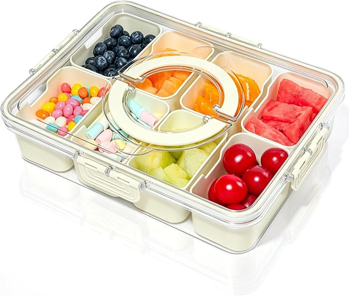 Divided Serving Tray with Lid and Handle,8 Compartments Snacks Box,Snack Fruit and Veggie Tray,Po... | Amazon (US)