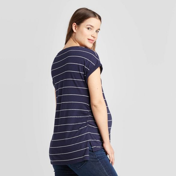 Maternity Striped Short Sleeve Round Neck Linen Like Cuff T-Shirt - Isabel Maternity by Ingrid & ... | Target