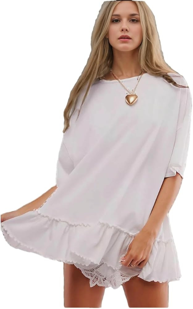 Womens Oversized Tee Shirt Casual Short Sleeve Ruffle Hem Shirts Loose Crew Neck Summer Tops | Amazon (US)