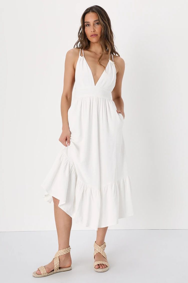 Warm Weather Wishes White Strappy Tiered Midi Dress With Pockets | Lulus (US)
