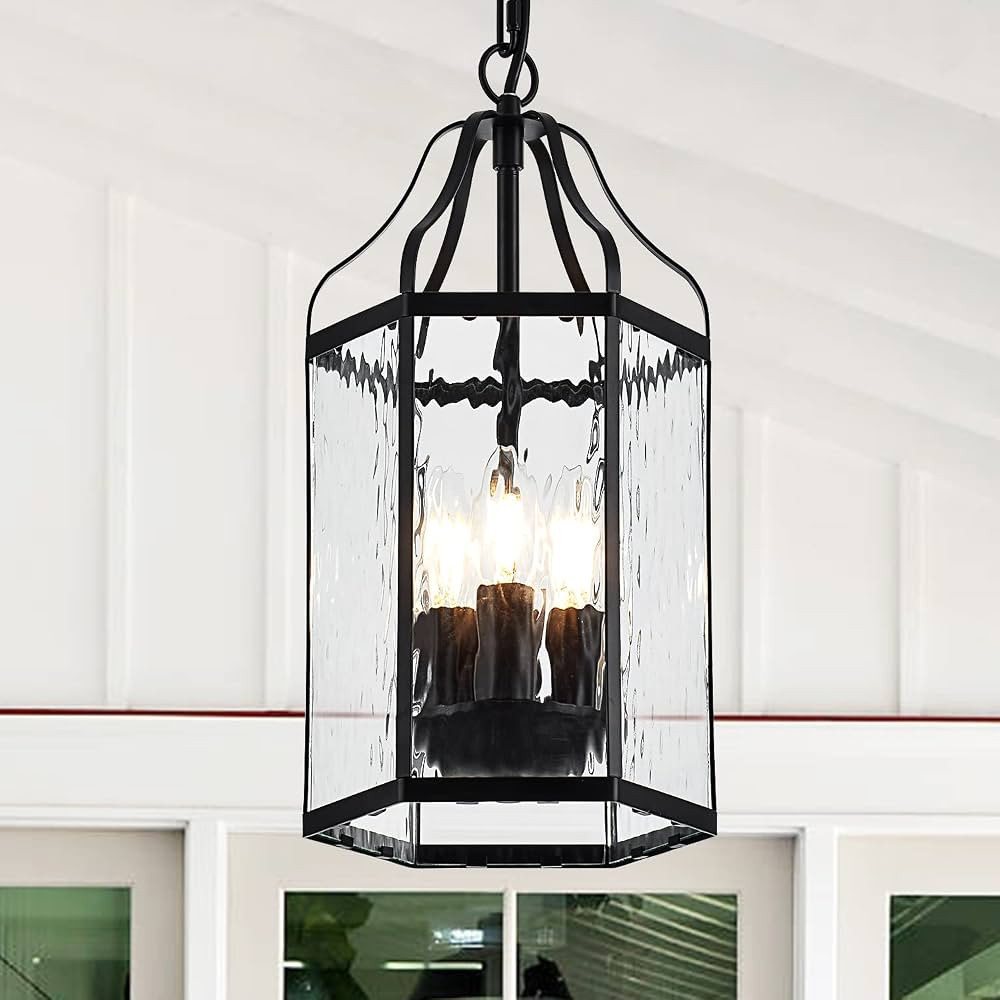 8" Modern 3-Light Exterior Black Lantern Pendant Light Fixture with Clear Rippled Glass Mini Indu... | Amazon (US)