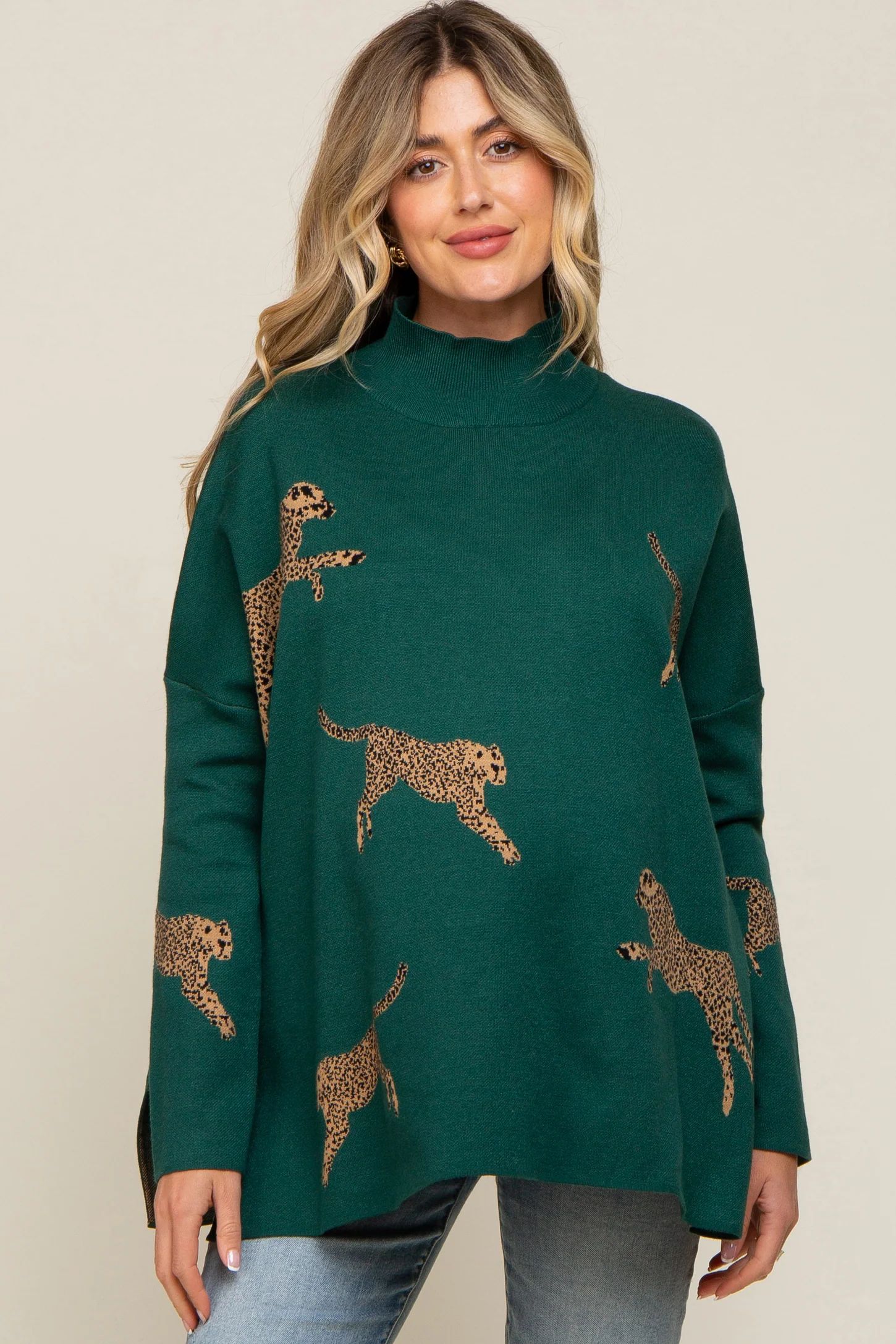 Forest Green Animal Print Side Slit Maternity Sweater | PinkBlush Maternity