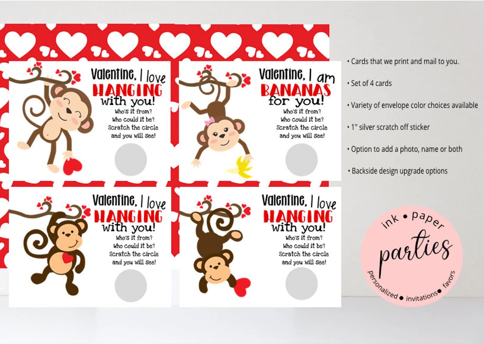 Jungle Animal Monkey set of 4 Multiple Valentine's Day Kids Valentine Scratch off Cards Party Fav... | Etsy (US)