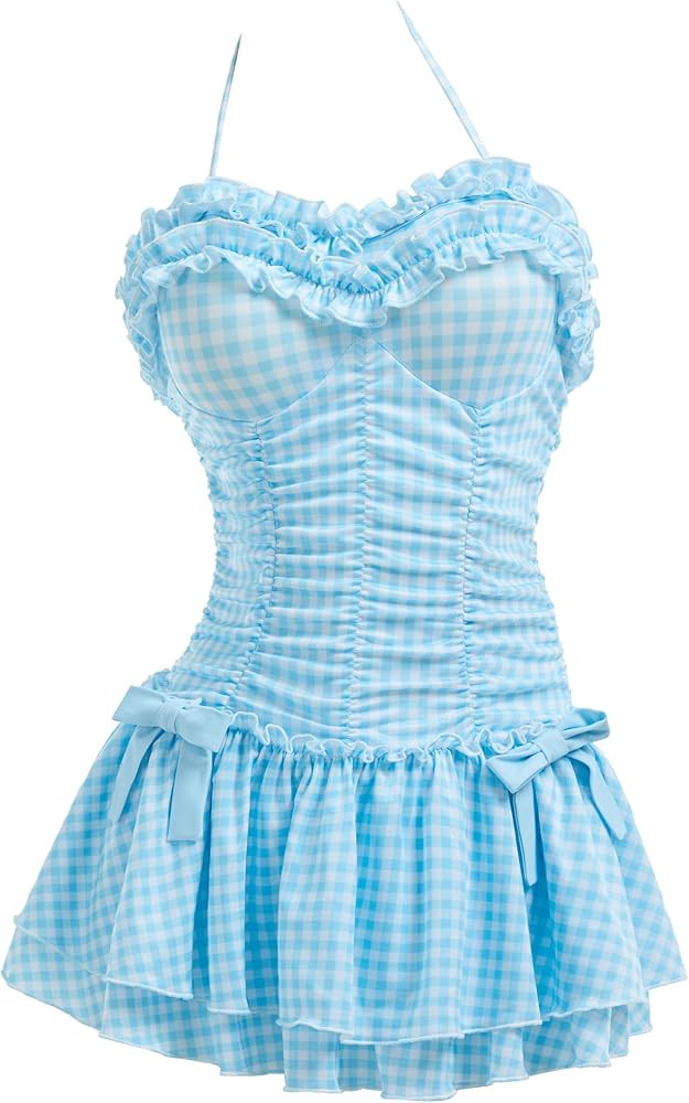 Women One Piece Swimsuits 50'S Vintage Retro Plaid Ruffle Tummy Control Bathing Suit with Hair Cl... | Amazon (US)
