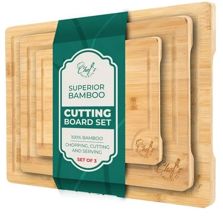 CHEF S FAVORITE Bamboo Cutting Board Set of 3 - Pre-Oiled Chopping Board with Built-In Handles - Large Medium Small Boards - Double-Sided Kitchen Cutting Board - Juice Grooves for Mess-Free Cutting | Walmart (US)