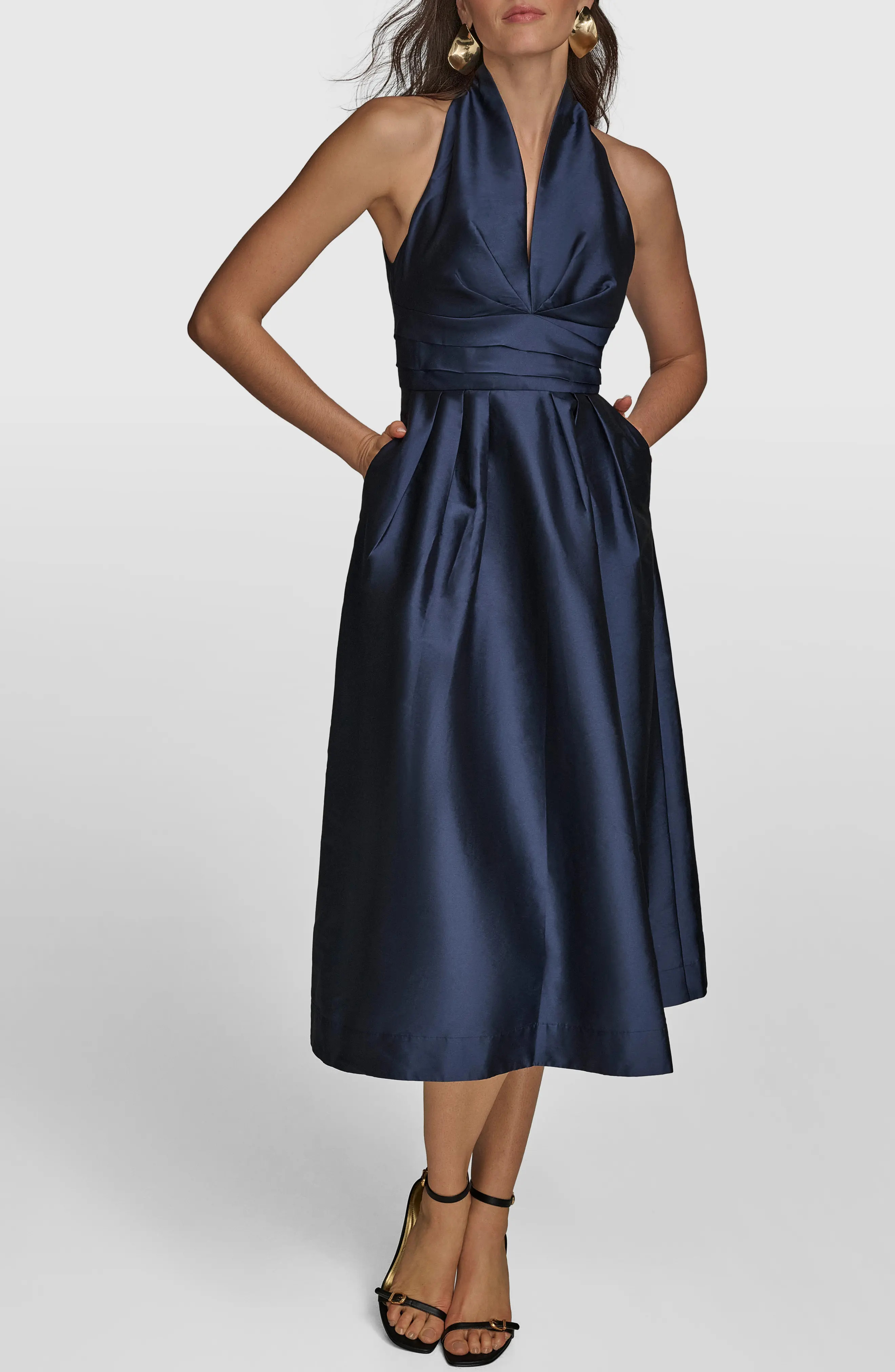 Donna Karan New York Plunge Neck Taffeta Midi Dress in Taffeta Blue at Nordstrom, Size 2 | Nordstrom