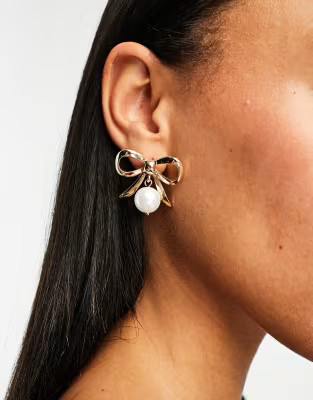 Reclaimed Vintage gold bow earrings with pearl drops | ASOS (Global)
