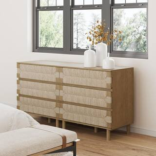 Beacon Brushed Light Brown 3 Drawer 31 in. Bohemian Dresser with Solid Wood Legs and Seagrass Drawer Front, (Set of 2) | The Home Depot