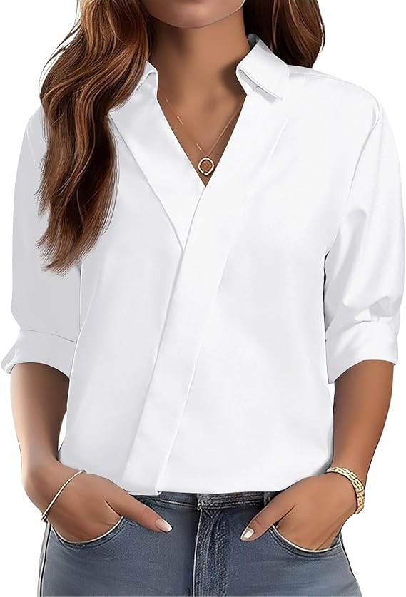 LOMON 3/4 Length Sleeve Womens Tops Dressy V Neck Collared Shirts Trendy Business Casual Work Blo... | Amazon (US)