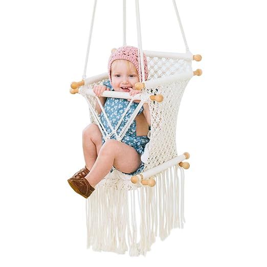 funny supply Hanging Swing Seat Hammock Chair for Infant to Toddler Beige Color Cotton Rope Weave... | Amazon (US)