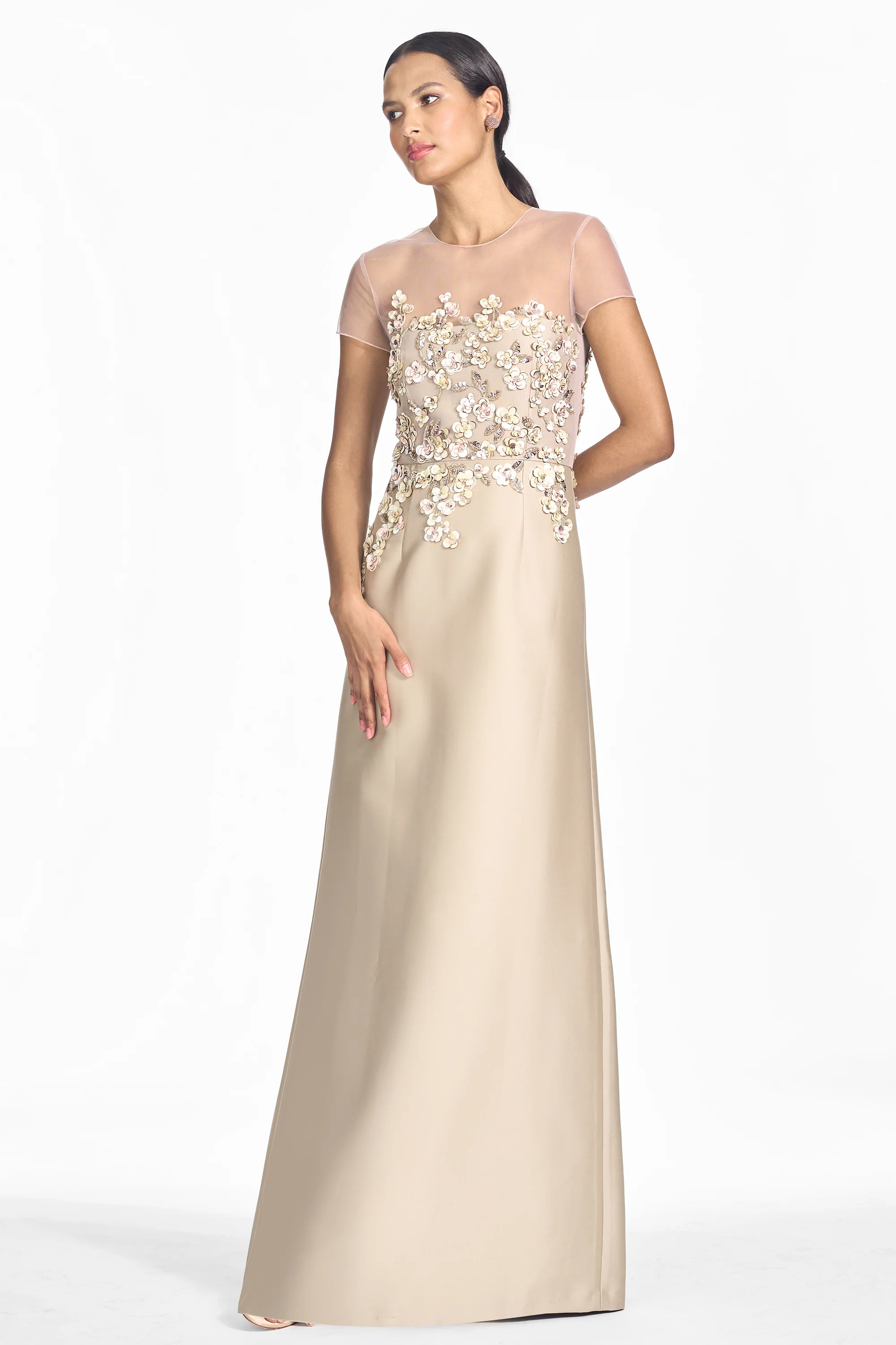 VICTORIA BEIGE EMBELLISHED MIKADO CAP SLEEVE GOWN | Sachin and Babi