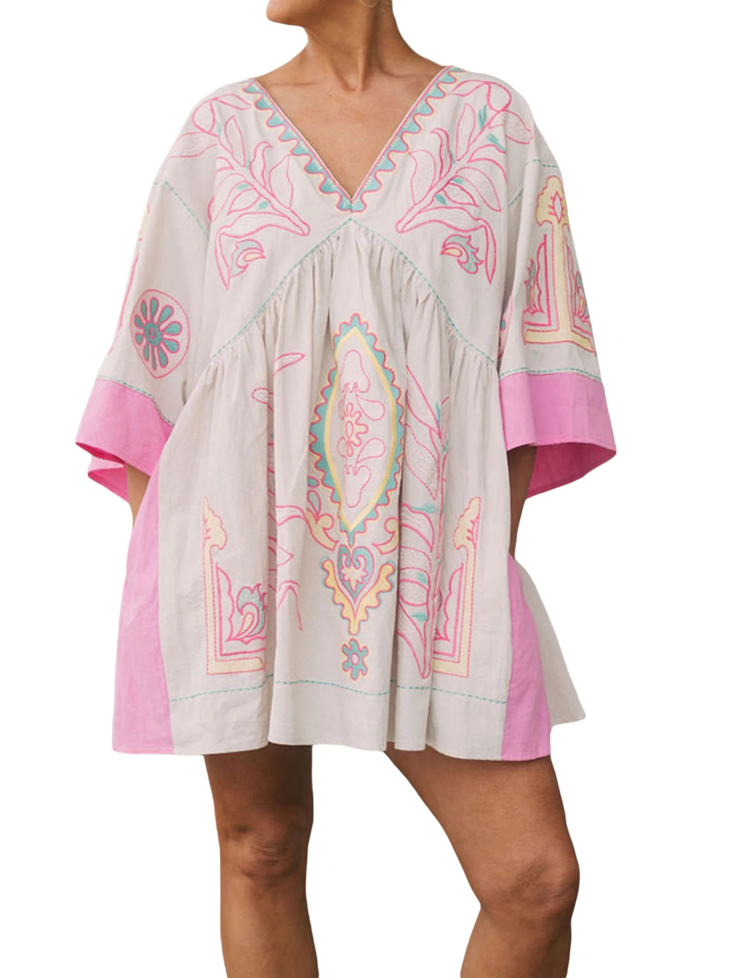 Rdhnmea Women's Boho Floral Print Dress Casual Half Sleeve V-Neck Loose Fit Mini Kimono Dress Sum... | Walmart (US)