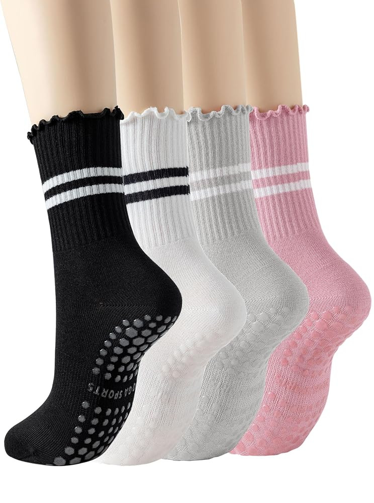 Yawlsow Pilates Socks for Women Cute Ruffle Yoga Socks Frilly Barre Non Skid Athletic Crew Grip S... | Amazon (US)
