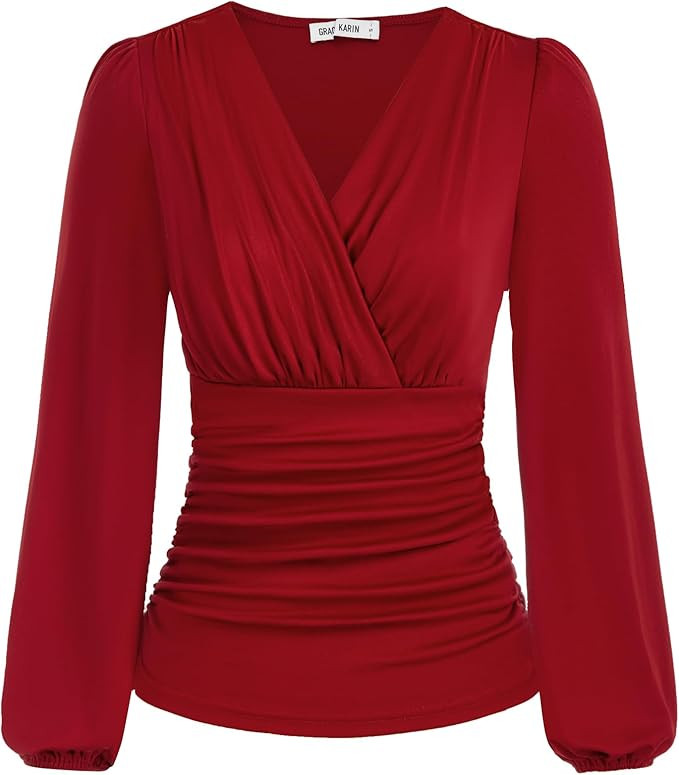 GRACE KARIN 2024 Womens Tops Elegant Wrap Blouse V Neck Work Shirts Fall Fashion Long Sleeve Dres... | Amazon (US)
