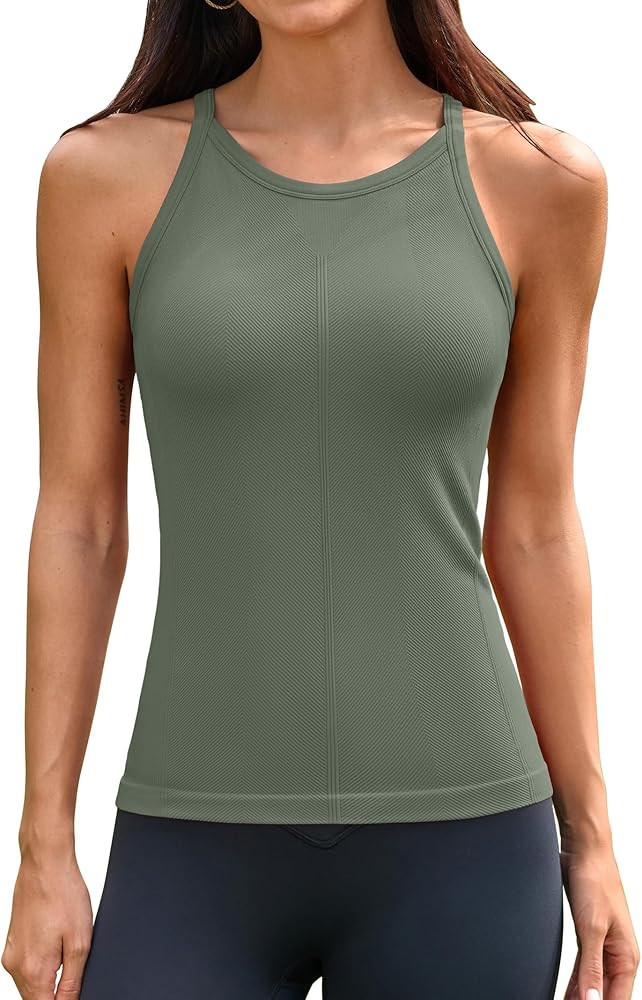 ATTRACO Ribflex Workout Tank Tops with Built in Bra Crew Neck Basic Ribbed Tank Top Racerback Ath... | Amazon (US)