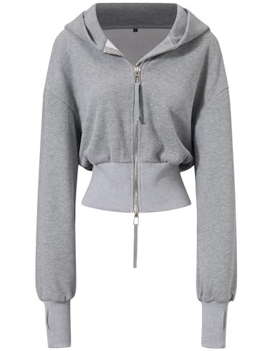 Arssm Cropped Hoodie Women Long Sleeve Sweatshirts Casual Fashion Hooded Zip up Workout Jacket with Thumb Holes (Grey-M) | Amazon (US)