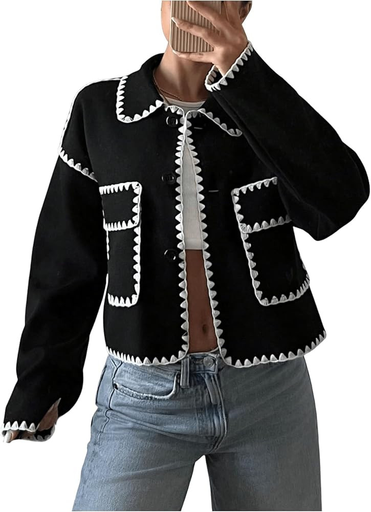 GORGLITTER Women's Cropped Wool Fall Jacket Button Up Colorblock Long Sleeve Dressy Trendy 2025 C... | Amazon (US)