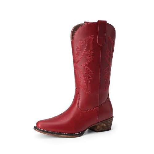 DREAM PAIRS Cowboy Boots for Women Cowgirl Western Mid Calf Boots Snip Toe Embroidered Stitched Low Chunky Heel Pull On Fashion Boots,Size 9.5,All Red,SDMB25005W-2 | Amazon (US)