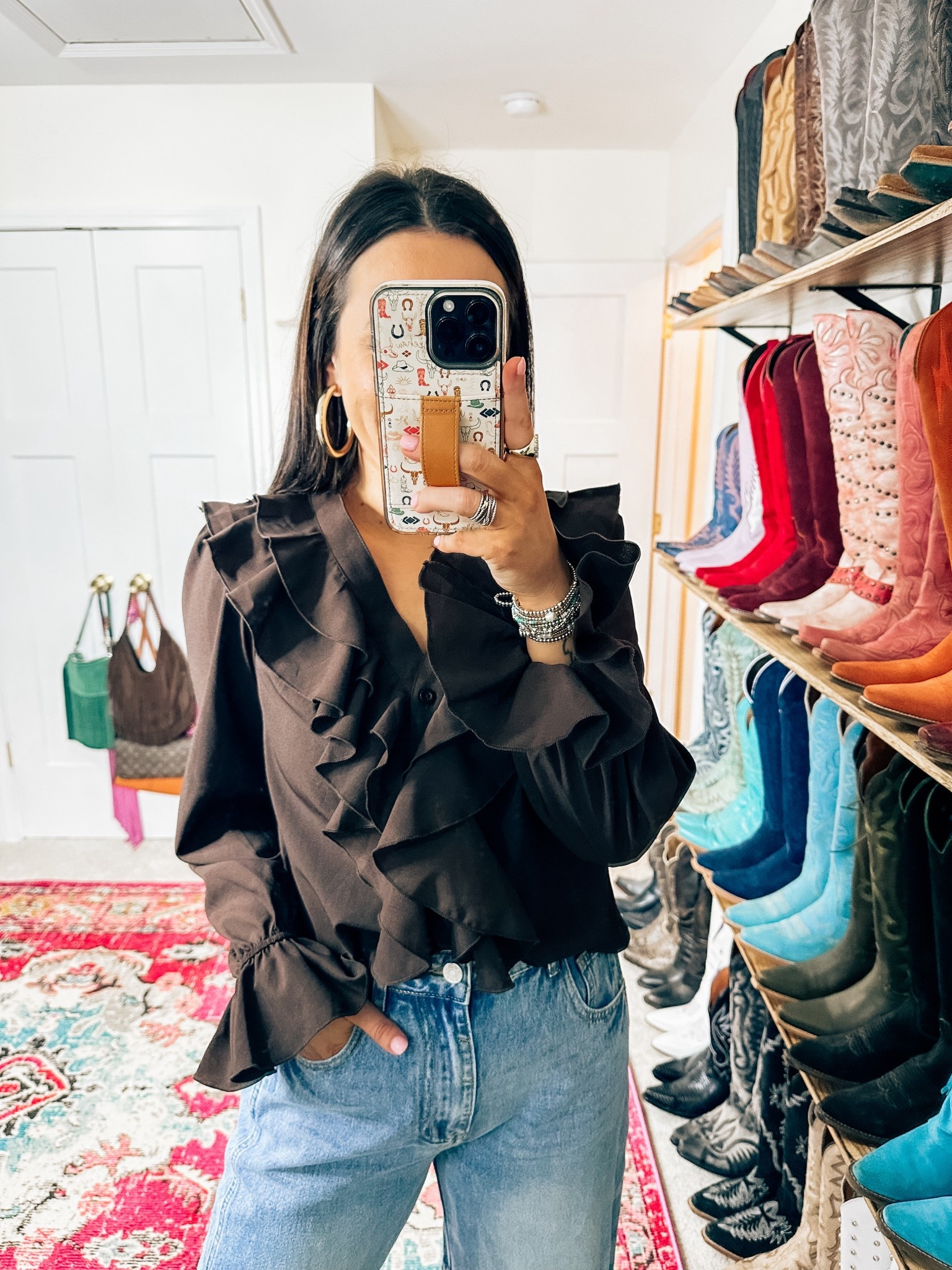 The cutest blouse chocolate brown from Amazon - wearing  a small ruffle western inspired - business wear work wear - teacher cowgirl 

#LTKgrwm #LTKOver40 #LTKWorkwear